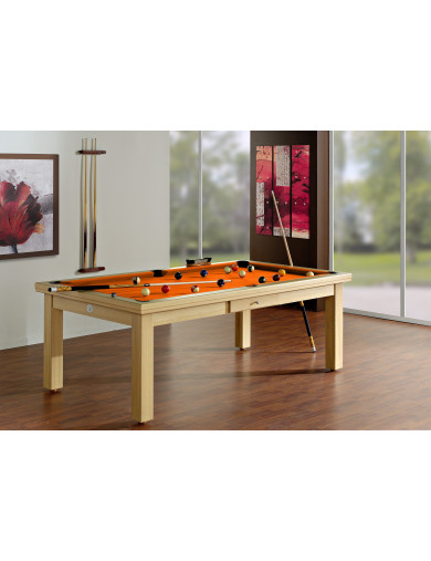 Billard table a manger, billard en bois clair et tapis orange