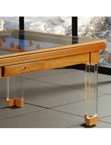 Billard table, gros plan sur la table en verre du billard convertible