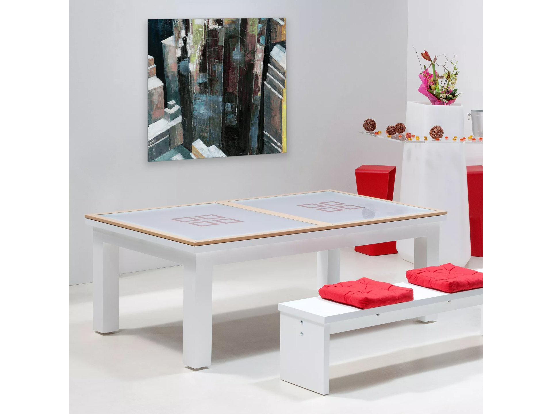 Table billard convertible, dessus de table bois et verre