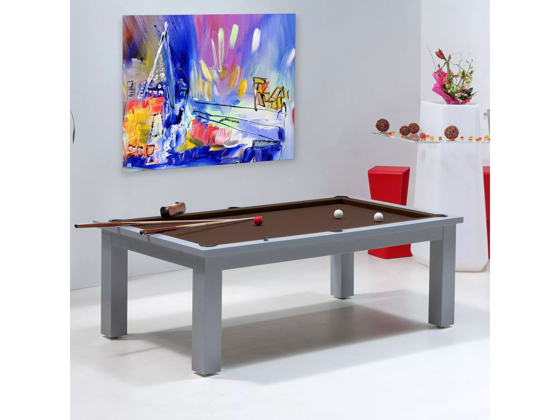 Billard transformable en table, tapis de billard couleur chocolat
