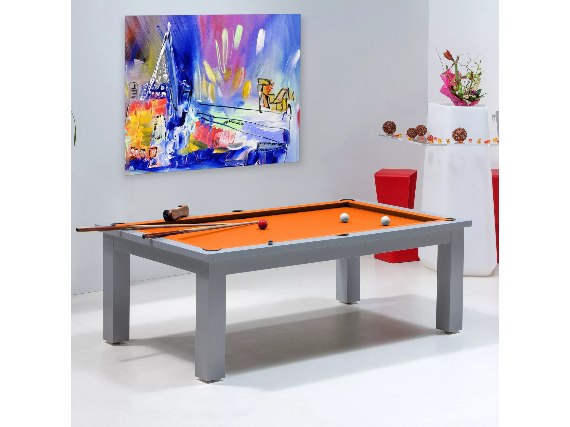 Billard transformable table, tapis orange et jeu pool