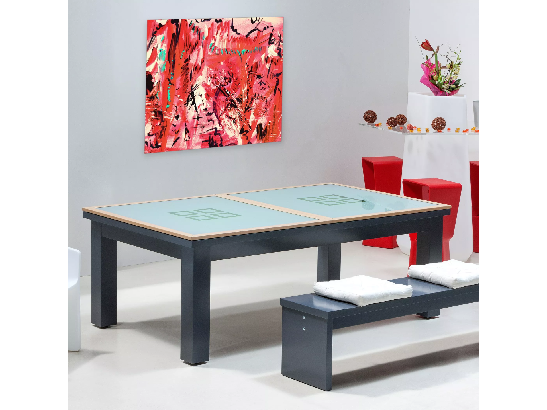 Billard transformable en table : table de séjour en verre avec cadre en bois