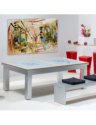 Billard : Table de billard converti en table en verre avec cadre en bois couleur inox