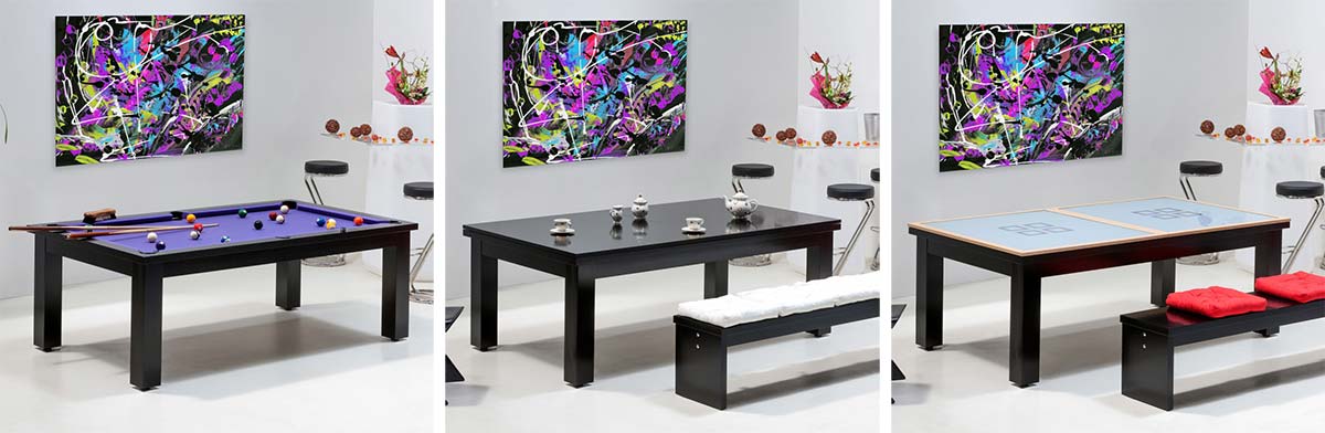 Billard table à manger, plateau bois et plateau verre